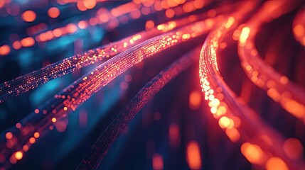 Close-up of fiber optic cables transmitting data at high speed, with glowing ends.