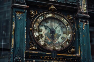 Old, ornate clock with peeling paint, counting the minutes on a rainy day