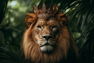 Fototapeta premium illustration portrait of a lion wearing a crown, king of the jungle