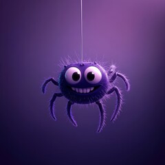 Fototapeta premium Cute Purple Cartoon Spider Hanging from a String with a Big Smile on a Purple Background.