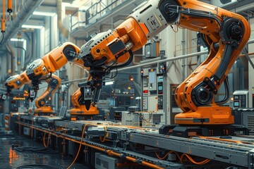 Fototapeta premium Three high-tech robotic arms in operation within an industrial production setting, efficiently contributing to streamlined manufacturing processes and highlighting advanced technology.