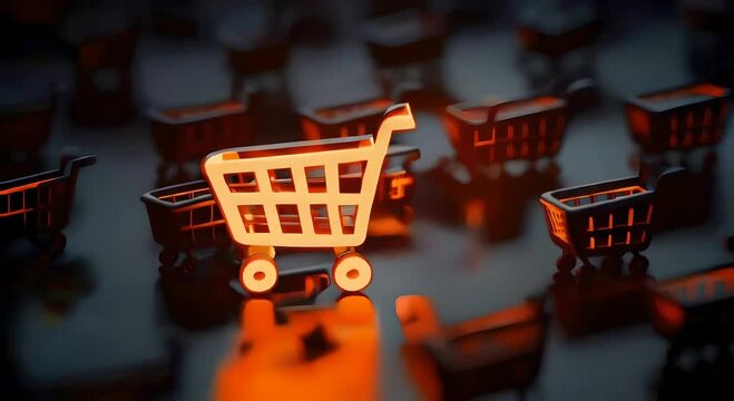 3D orange glowing shopping cart icon surrounded by black carts on dark background representing online shopping, digital commerce, e commerce