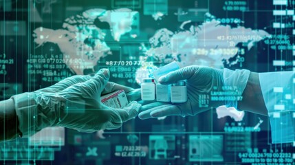 A symbolic image of hands exchanging medical supplies, representing global efforts to ensure fair access to mpox treatment, with a backdrop of medical charts and data 