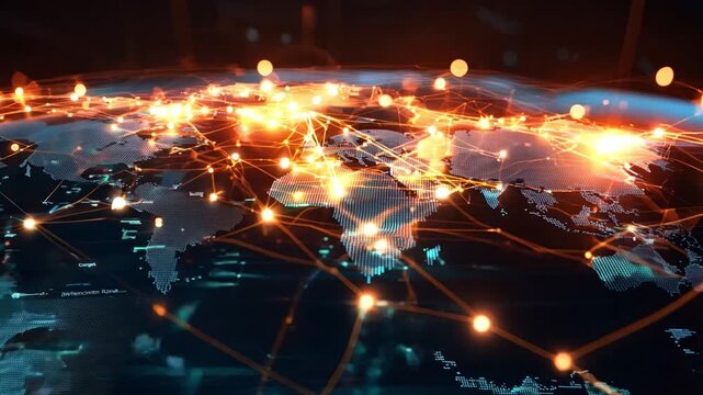 An illuminated digital representation of the world showcasing interconnected networks and data flow across continents.