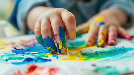 Fototapeta premium Close-up of a childâs hands painting with bright watercolors on a white canvas, with splashes of color around