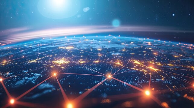 Digital representation of data packets moving through a global communication network.