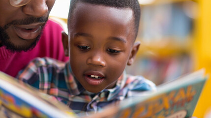 Obraz premium Close-up of a teacher reading a storybook aloud, with the book open and the childâs eyes focused on the pictures