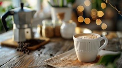 A photo of a freshly brewed cup of coffee on a table, with a coffee pot and beans in the background, photostock style,generative ai