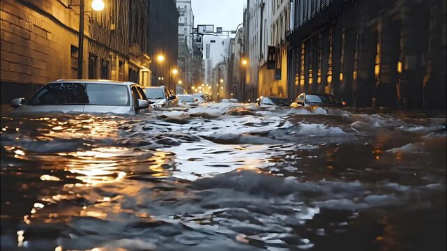 A flooded street is illuminated by streetlights as water engulfs parked cars creating a scene of urban disaster and chaos