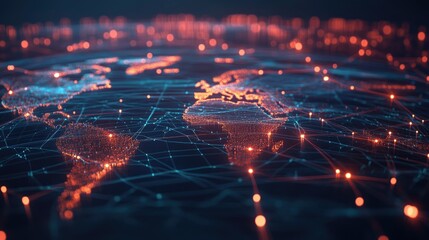 Futuristic representation of global communication nodes, connected by glowing lines.