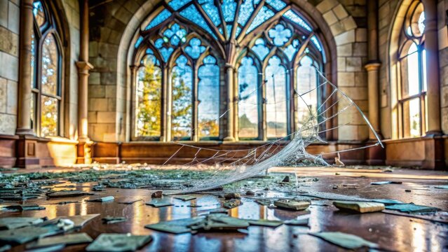 Broken church window with shattered pieces of glass scattered on the ground , church, window, broken, shattered, glass, debris