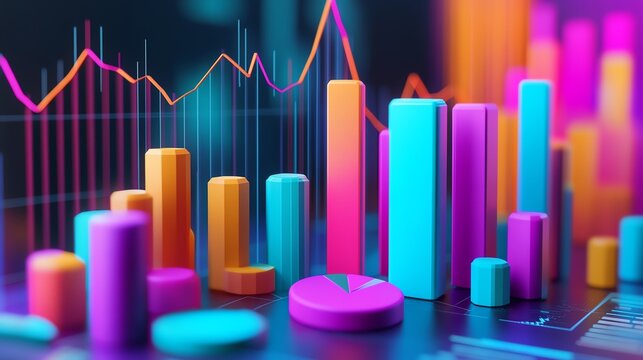 Vibrant data visualization with colorful bar and pie charts depicting statistical trends and insights for business analysis.