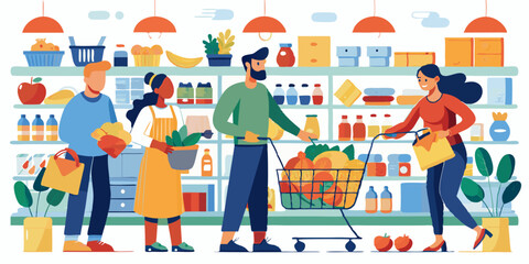Obraz premium Men and women with baskets and grocery carts select and buy groceries at the grocery store. People buy food at the supermarket 