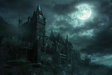 Obraz premium Gothic castle is standing on a hill under a full moon, creating a spooky and mysterious atmosphere