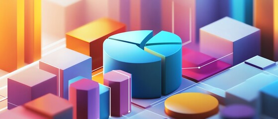 Colorful geometric shapes and a pie chart representing data visualization and analysis in a modern design.