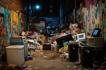 Obraz premium Trash-Strewn Alleyway with Graffiti at Night