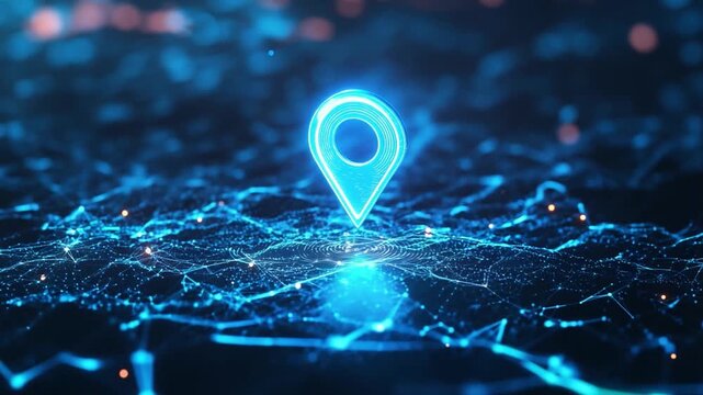 A glowing navigation marker is prominently displayed on a digital network background, illuminating the complex connections beneath.