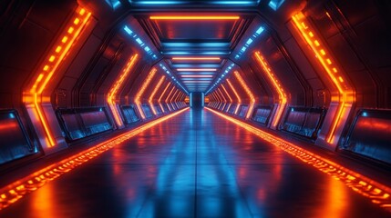 Fototapeta premium Futuristic neon corridor with blue and orange lights - generative ai