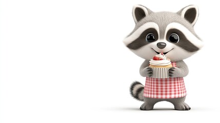 Fototapeta premium Happy raccoon enjoying a cupcake in a colorful apron against a bright background