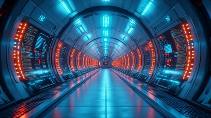 Futuristic sci-fi corridor with neon lights - generative ai