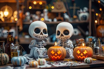 Playful ghost and skeleton friends making Halloween crafts in a spooky workshop