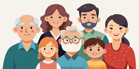 Happy family. Father, mother, grandfather,grandmother, children and pet
