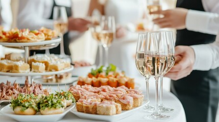 Elegant catering setup featuring gourmet appetizers and sparkling wine at a stylish event or celebration.
