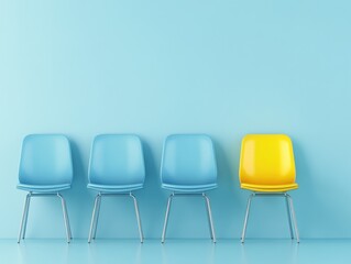 A modern arrangement of colorful chairs against a vibrant blue wall, showcasing simplicity and contemporary design.