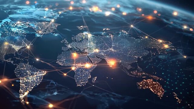 The image displays a digital map of the world at night, highlighting interconnected cities and bright data pathways across continents.