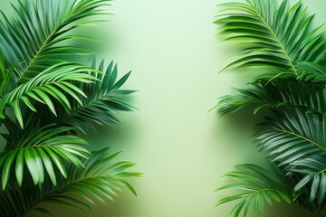 Obraz premium Tropical Paradise: Lush palm leaves frame a vibrant green backdrop, creating a serene and inviting ambiance. Perfect for nature, tropical, summer, vacation, relaxation, and travel themes. 
