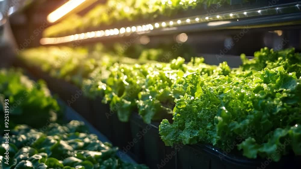 Poster lush greenery of lettuce thriving under bright artificial lights in a modern vertical farming setup 