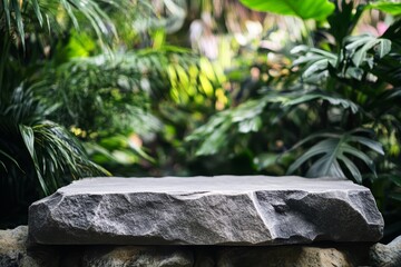 Empty stone podium stage with a jungle / rainforest landscape background. Round, simple dais or platform against the background of a lush, green rainforest. Perfect for product presentation.