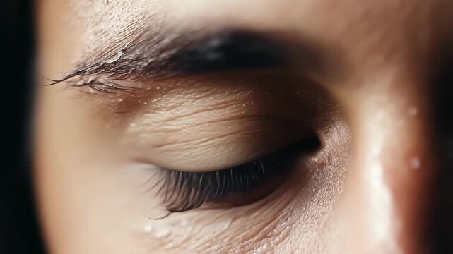 Close up of a young man's face with sweat dripping down his forehead and cheeks. His intense gaze conveys determination and focus