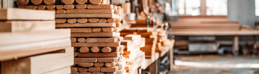 Close-up of neatly stacked wooden planks in a workshop, showcasing craftsmanship and natural textures in warm lighting.