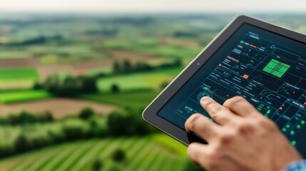 A person interacts with a tablet displaying agricultural data, overlooking vast green fields and farmland in the background.
