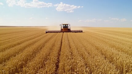 Obraz premium Remote-controlled harvesting equipment working in a large wheat field.
