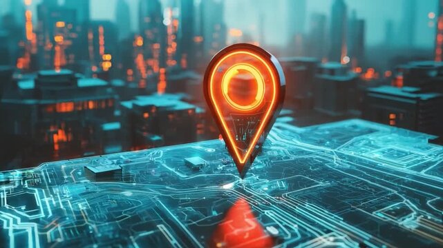 A luminous navigation pin is prominently displayed on a detailed digital map overlooking a vibrant, high-tech city at dusk.