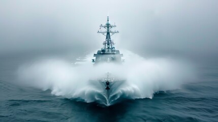 A large navy ship is sailing through the ocean