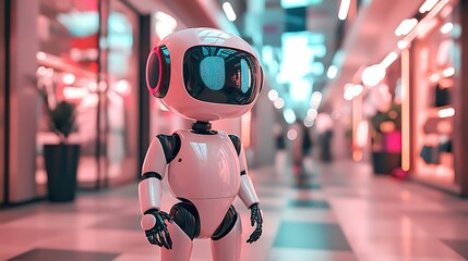 A 3D illustration of a virtual shopping assistant, driven by AI to enhance customer support within a modern retail concept, with copy space for text.