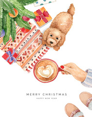 Christmas greeting card with watercolor illustrations of Christmas dog, tree and a hand holding a cup of cappuccino. Hand drawing illustrations. Merry Christmas and Happy New Year card. 2024.