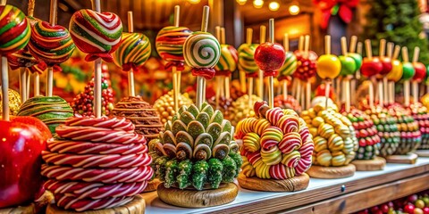 Fototapeta premium Vibrant display of colorful caramel apples and spiral-shaped treats on sticks entice shoppers at a festive German Christmas market, evoking warmth and holiday cheer.