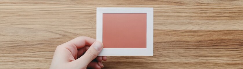 Obraz premium Hand holding a color swatch against a wooden surface, ideal for design and decor inspiration.