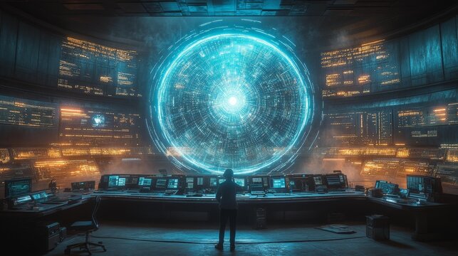 Futuristic control room with massive holographic interface - generative ai