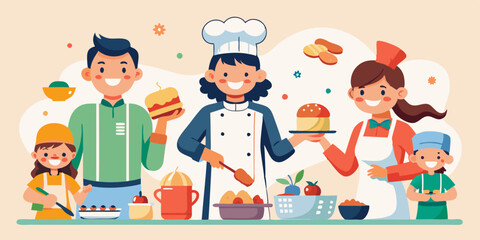 Set of characters preparing meals. A pastry chef making a cake, a family making dumplings, a housewife making soup
