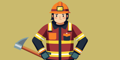 Firefighter man wearing protective uniform and helmet holding an ax in hand. Full length fireman with equipment
