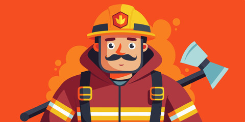 Firefighter man wearing protective uniform and helmet holding an ax in hand. Full length fireman with equipment
