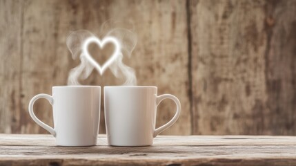 Two white mugs on a wooden table with heart-shaped steam rising, symbolizing love and connection.