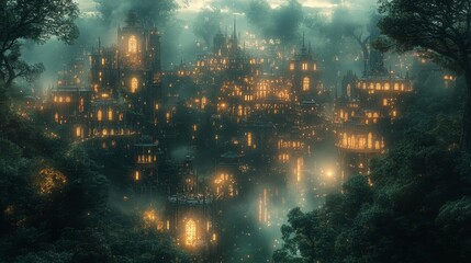 Fototapeta premium Magical forest city at night - generative ai