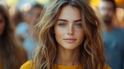 Fototapeta premium A young woman beams with joy, her bright eyes shining amidst a colorful crowd during a festive gathering as the sun sets