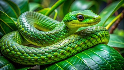 Vibrant green keket snake, native to Indonesia, blends seamlessly into lush foliage, its slender body camouflaged among leaves, showcasing evolution's mastery of disguise.